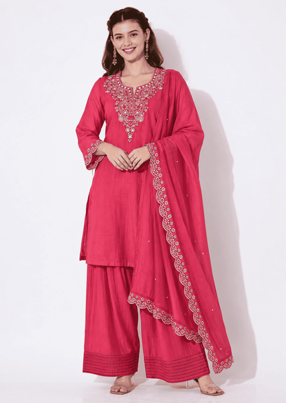 Pink Embroidered Mul Chanderi Kurta and Pant with Dupatta