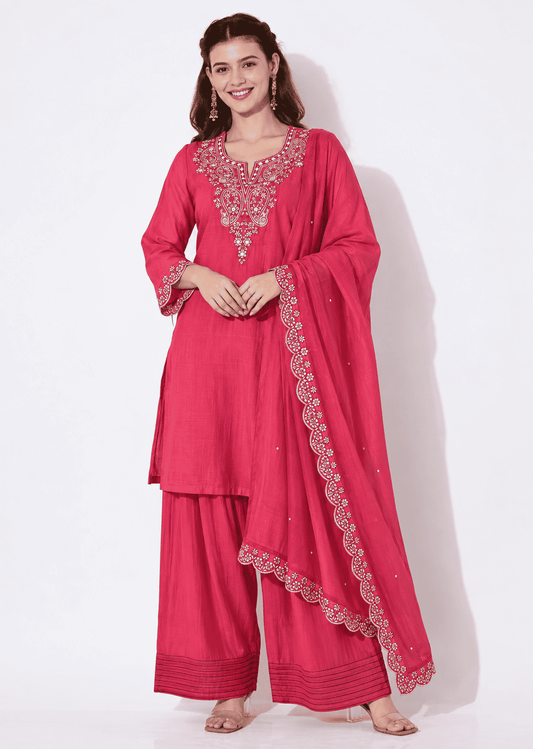 Pink Embroidered Mul Chanderi Kurta and Pant with Dupatta