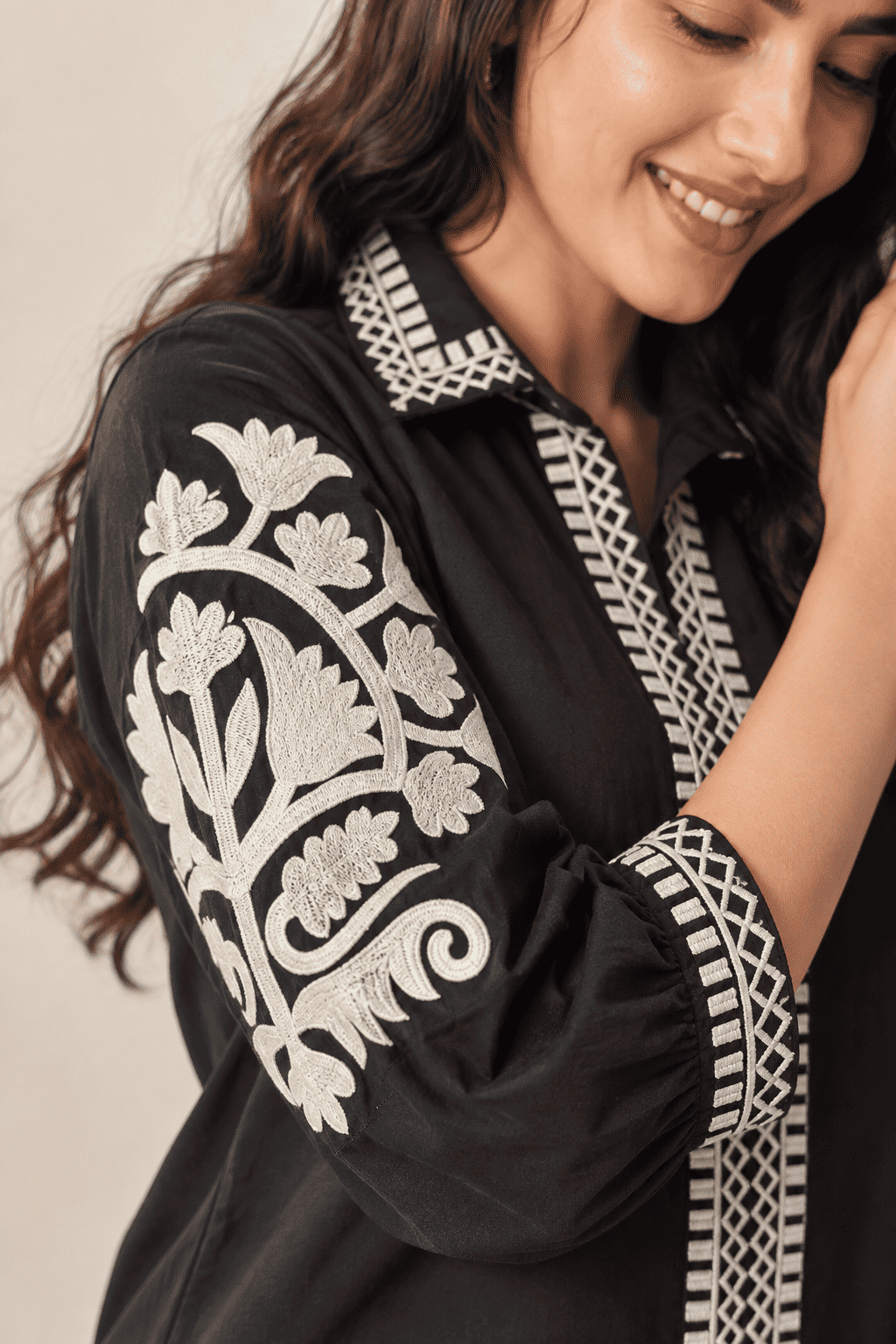 Black With White Thread Embroidered Short Kurta Pant Set