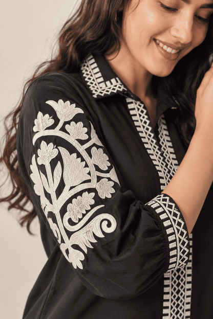 Black With White Thread Embroidered Short Kurta Pant Set