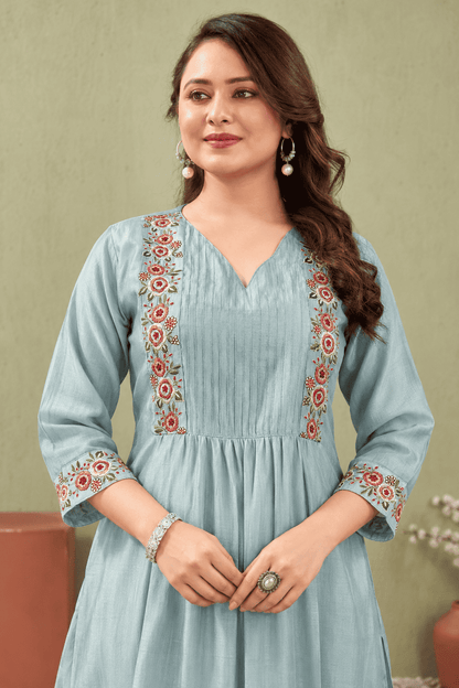 Powder Blue Floral Embroidered Cotton Blend Kurta Pant Set