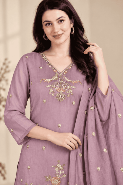 Lavender Embroidered Silk Blend Kurta Pant and Dupatta