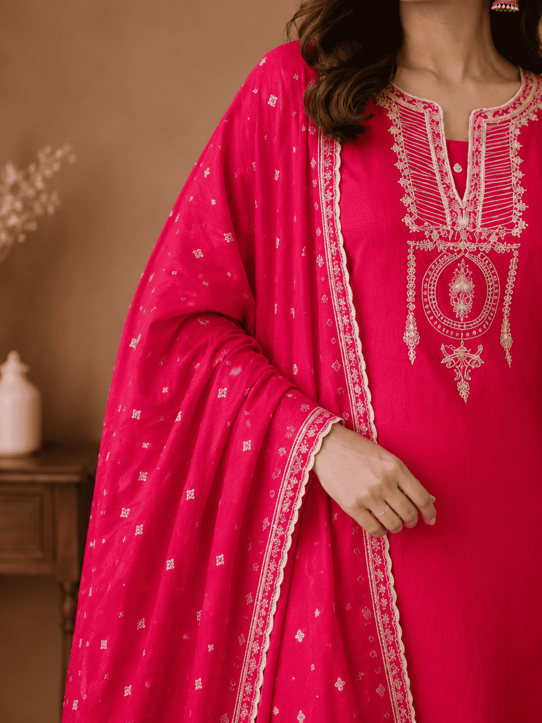 Hot pink cotton  embroidered kurta pant set with dupatta