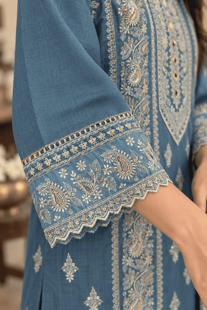 Dusty Blue Embroidered Cotton Kurta Pant and Dupatta