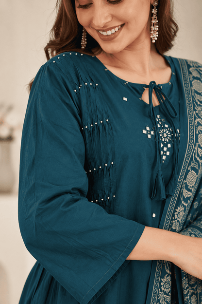 Teal Blue Printed Cotton Blend Kurta Pant and Dupatta