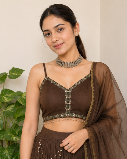 Dark Grey Shimmer Organza Blouse and Pleated Lehenga with Dupatta