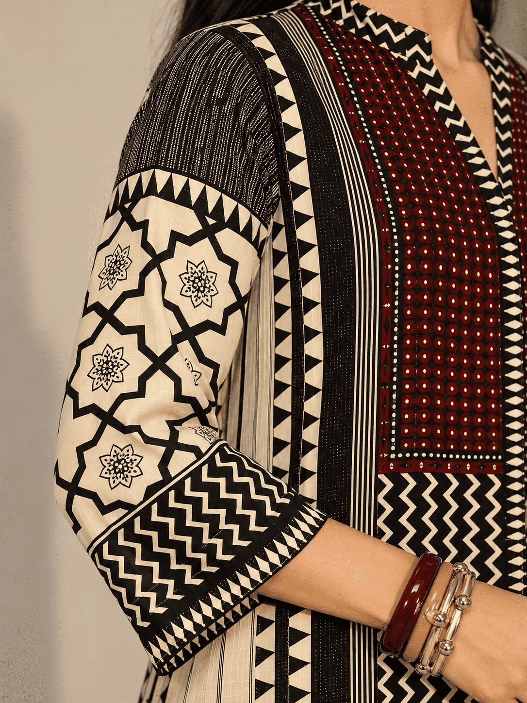 Black & Ivory Printed Modal Rayon Kurta Pant Set