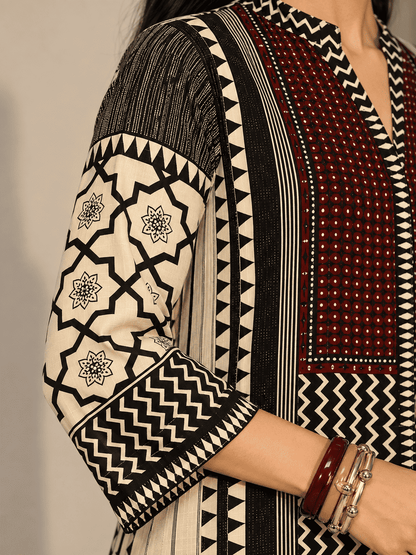 Black & Ivory Printed Modal Rayon Kurta Pant Set
