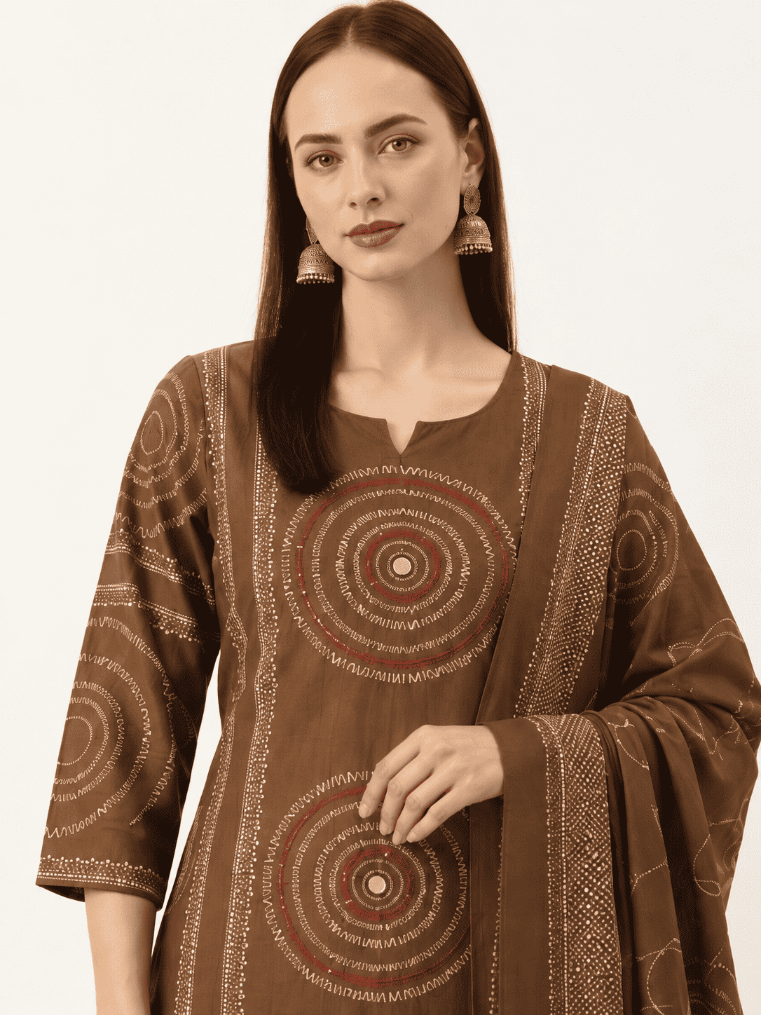 Brown Printed Cotton Kurta and pant with dupatta