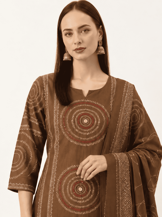 Brown Printed Cotton Kurta and pant with dupatta