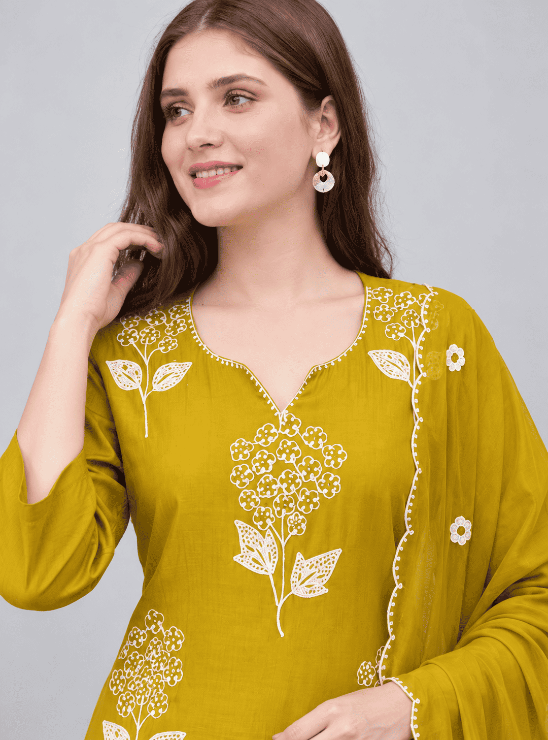Mustard Yellow Embroidered Chanderi Kurta and pant with dupatta