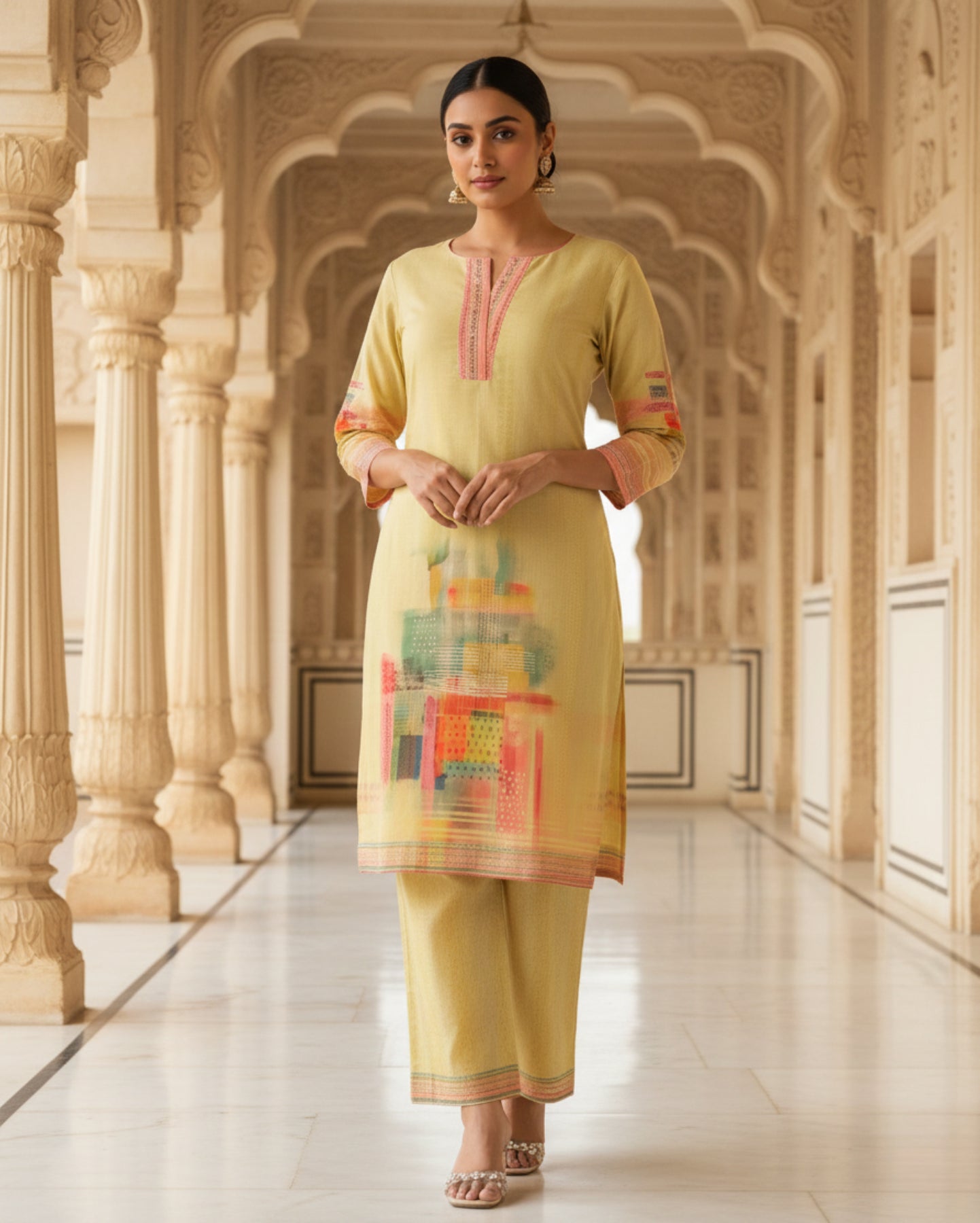 Yellow Digital Printed Cotton Kurta Pant Set