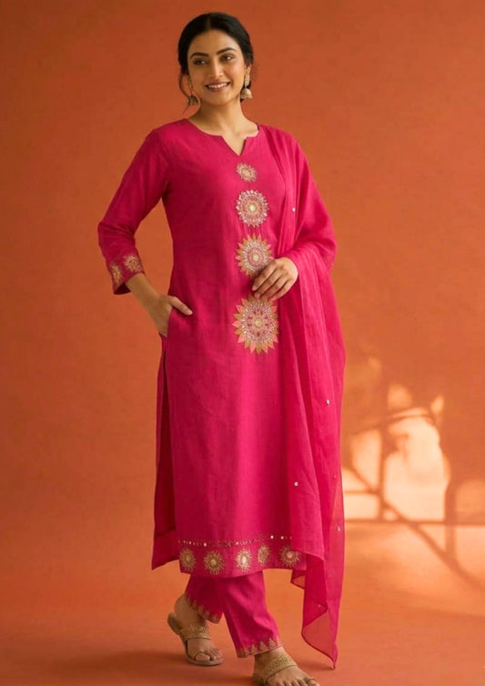 Rani Pink Cotton Embroidered Kurta Set With Dupatta