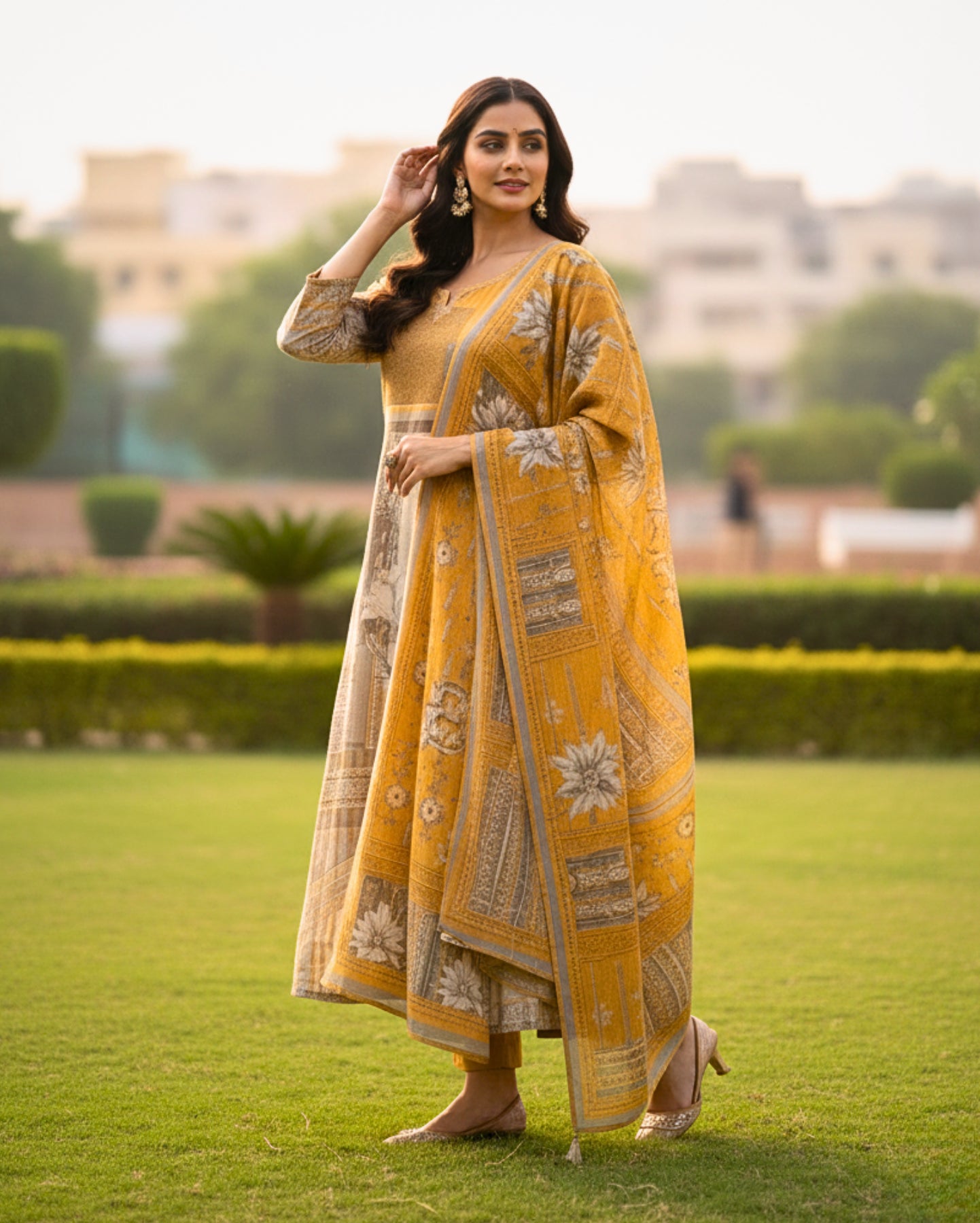Grey Mustard Printed Sequin Detailed Cotton Linen Kurta Set With Dupatta