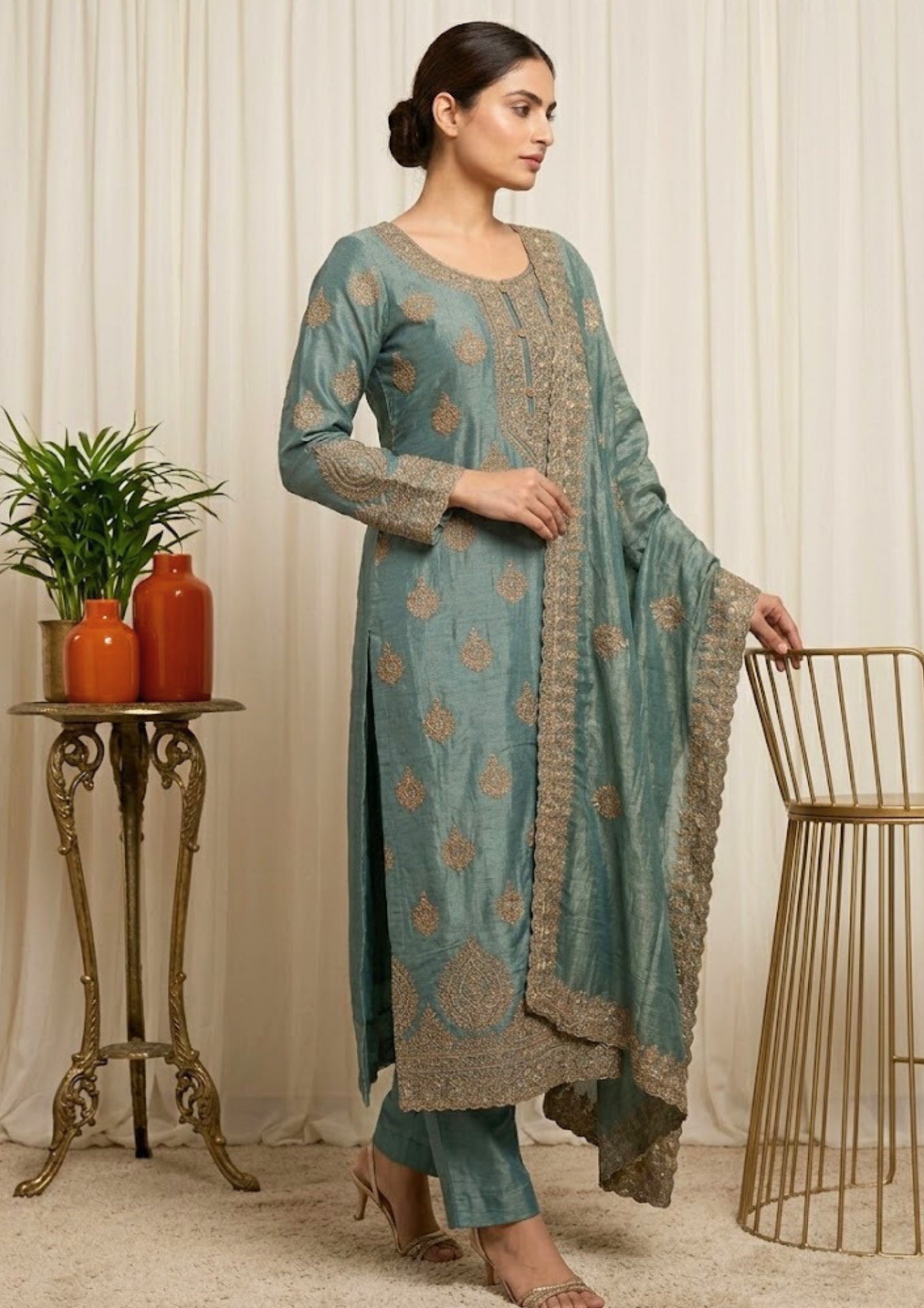 Icy Aqua Blue Semi-Stitched Tissue Silk Suit With Dupatta With Golden Sequin And Thread Embroidery