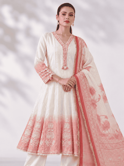 Ivory & Blush Pink Mul Chanderi Ombre Shaded Kurta and Pant with Dupatta