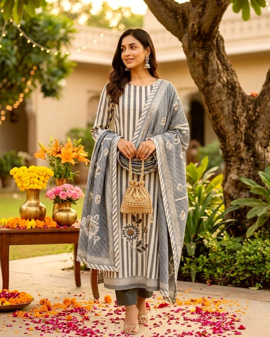 Grey Striped Floral Printed Rayon Kurta Set With Dupatta