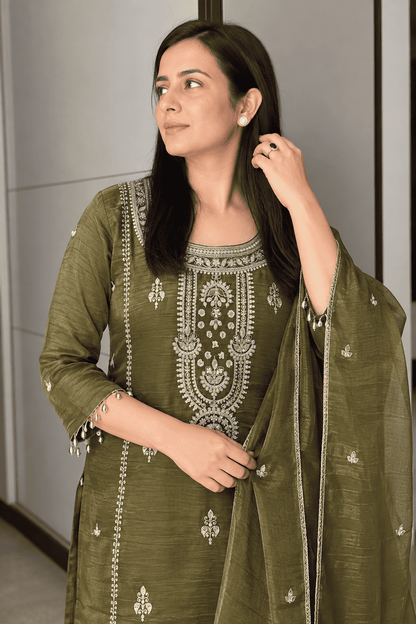 Mehendi Green Embroidered Chinon Kurta Pant and Dupatta