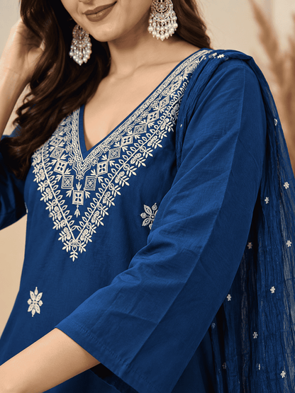 Navy Blue Embroidered Cotton Blend Kurta Pant and Dupatta