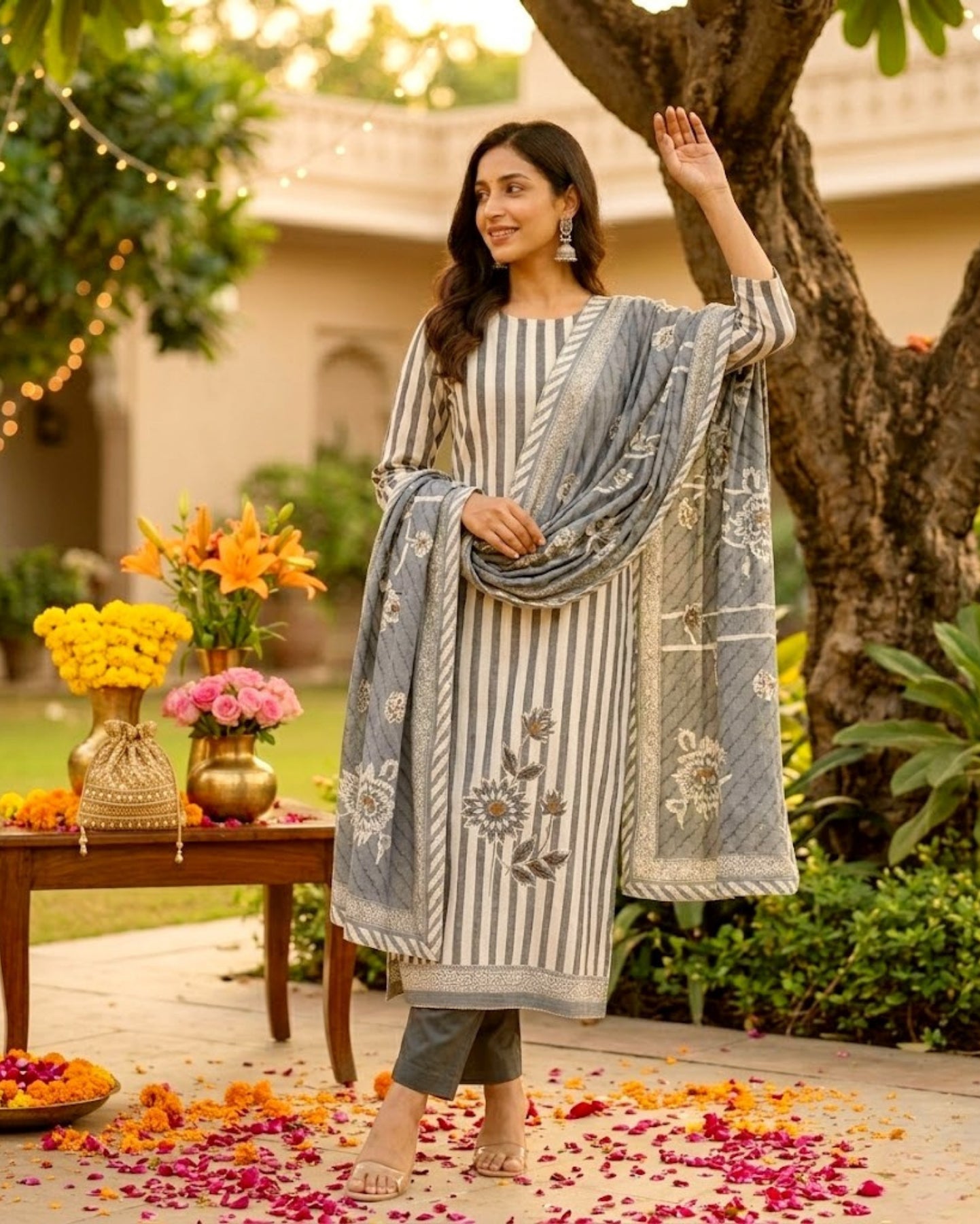Grey Striped Floral Printed Rayon Kurta Set With Dupatta
