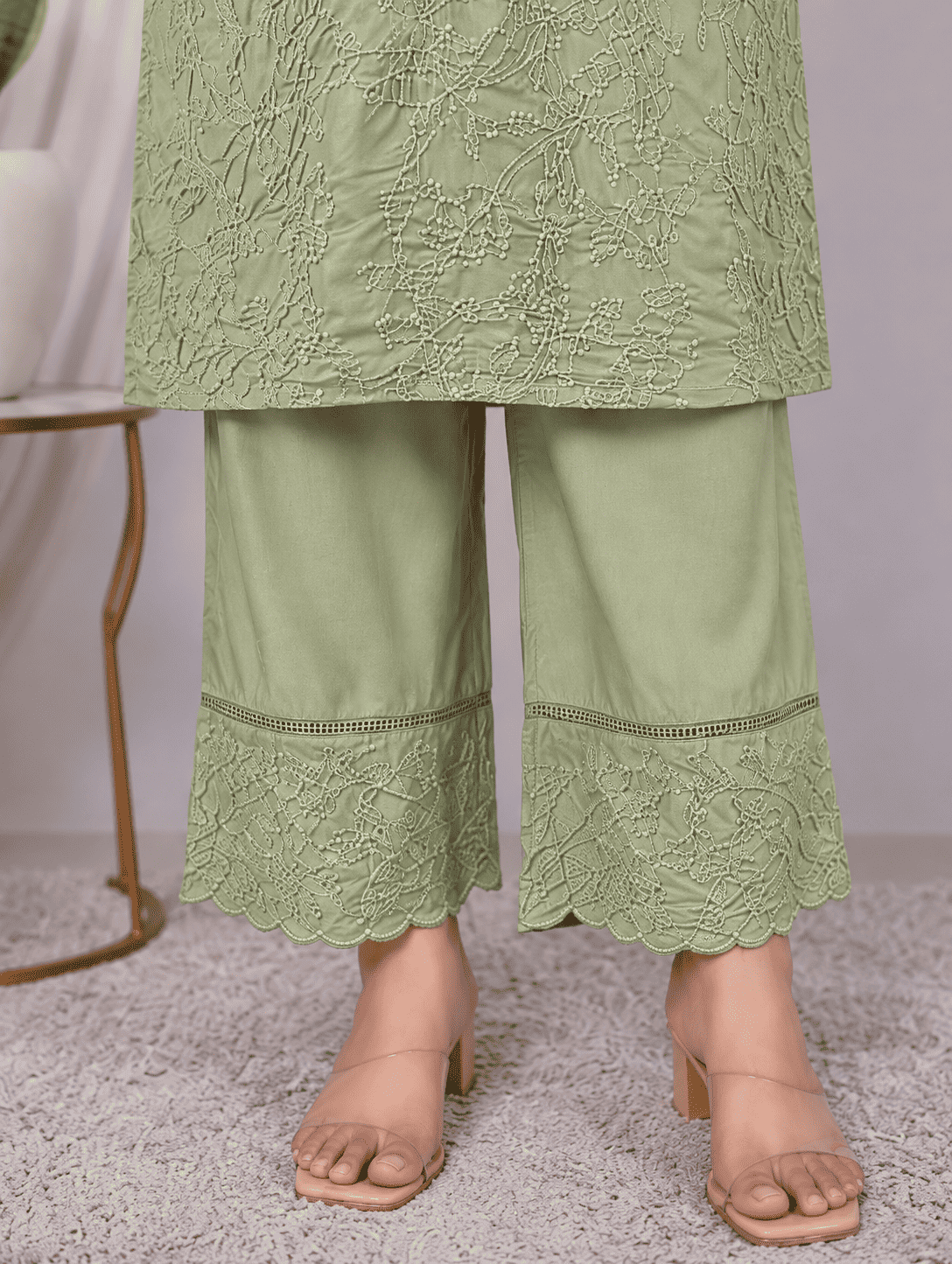 Sage Green Embroidered Viscose Kurta Pant Set