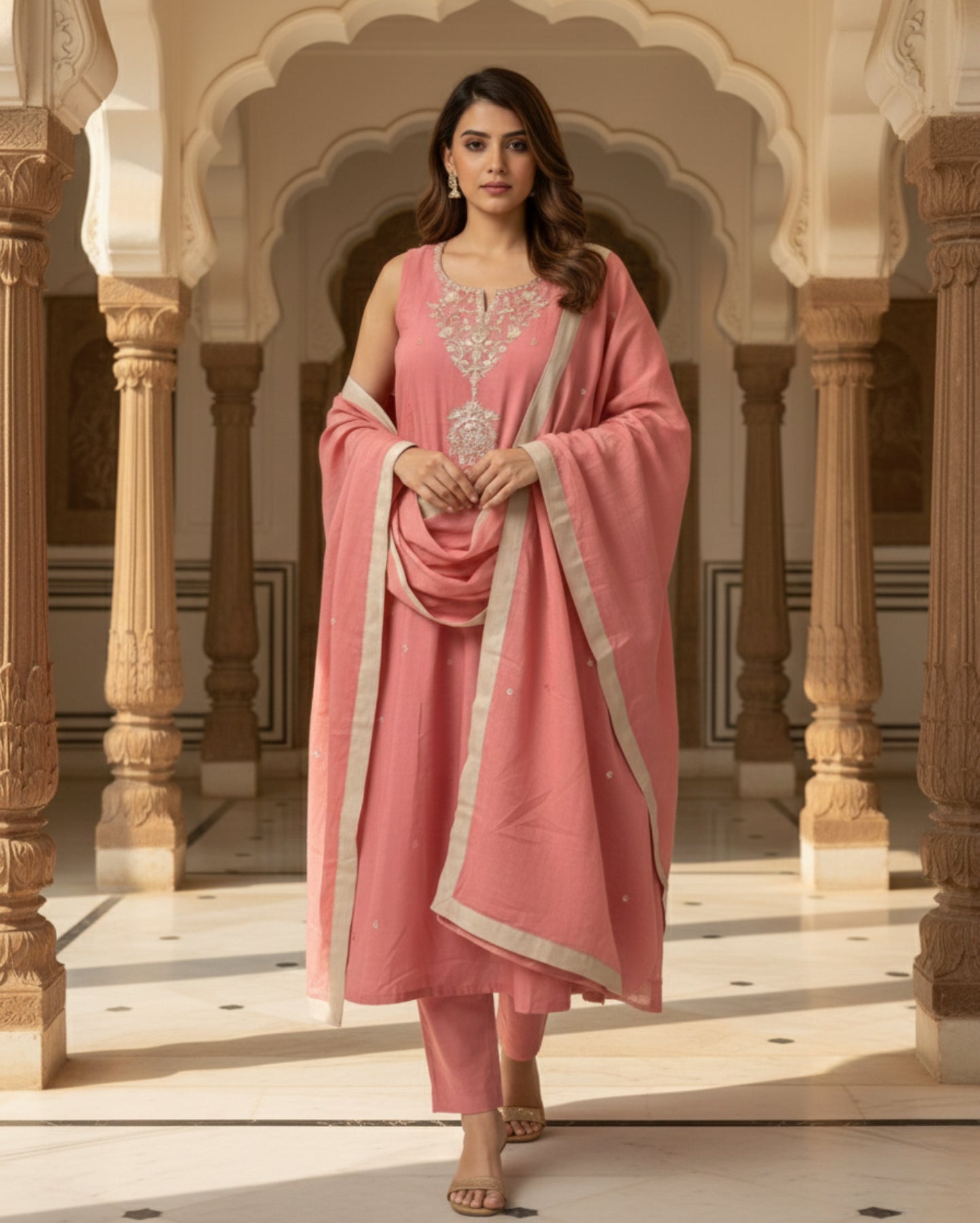 Dusty Pink Cotton Mix Embroidered  Kurta Set With Dupatta