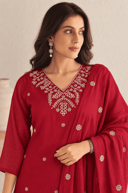 Maroon Embroidered Rayon Kurta Pant and Dupatta