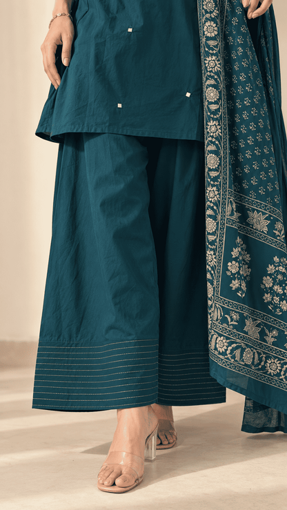 Teal Blue Printed Cotton Blend Kurta Pant and Dupatta