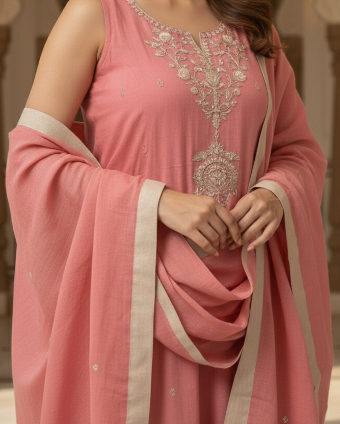 Dusty Pink Cotton Mix Embroidered  Kurta Set With Dupatta