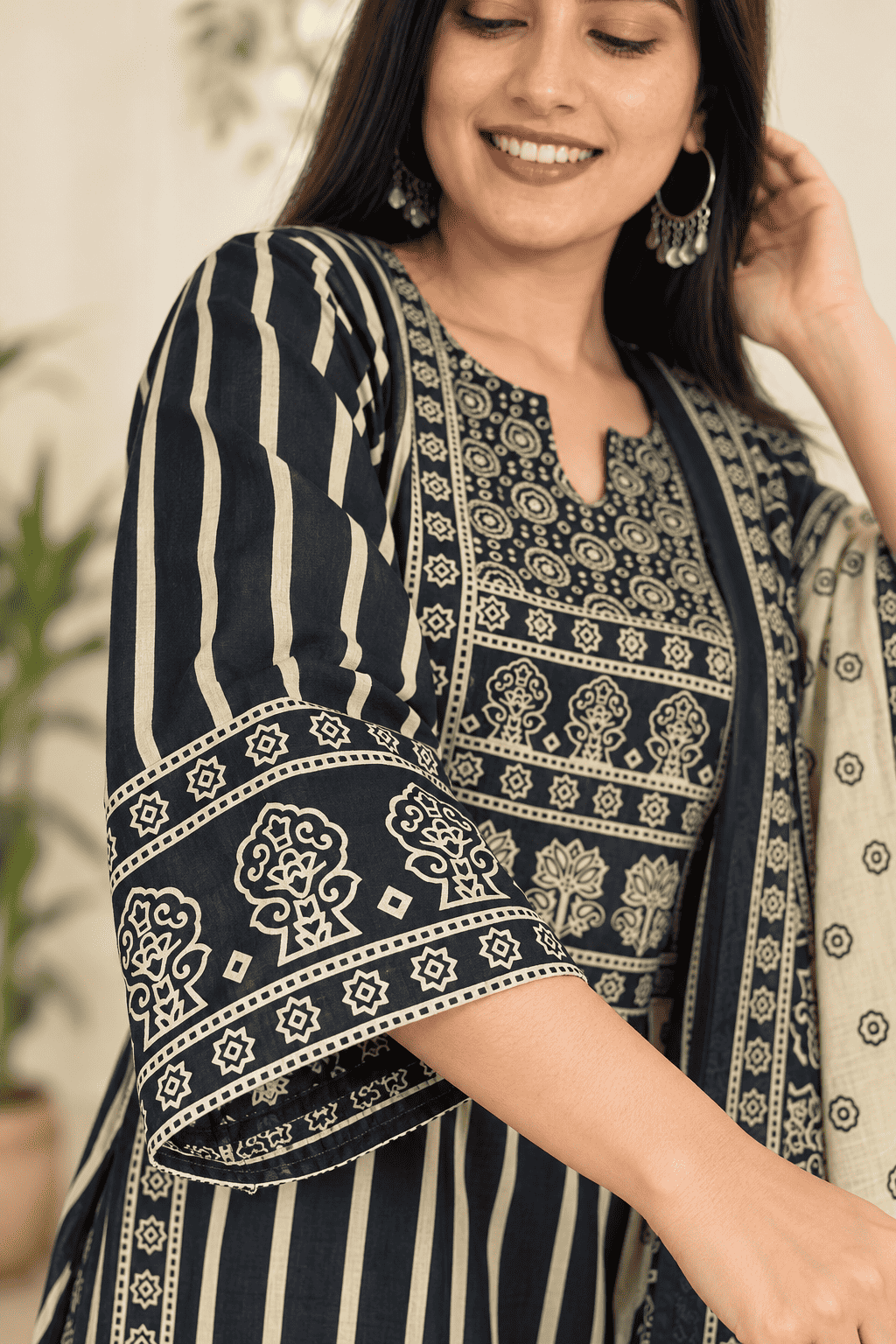 Dark Blue and Ivory Cotton Blend Kurta Pant and Dupatta