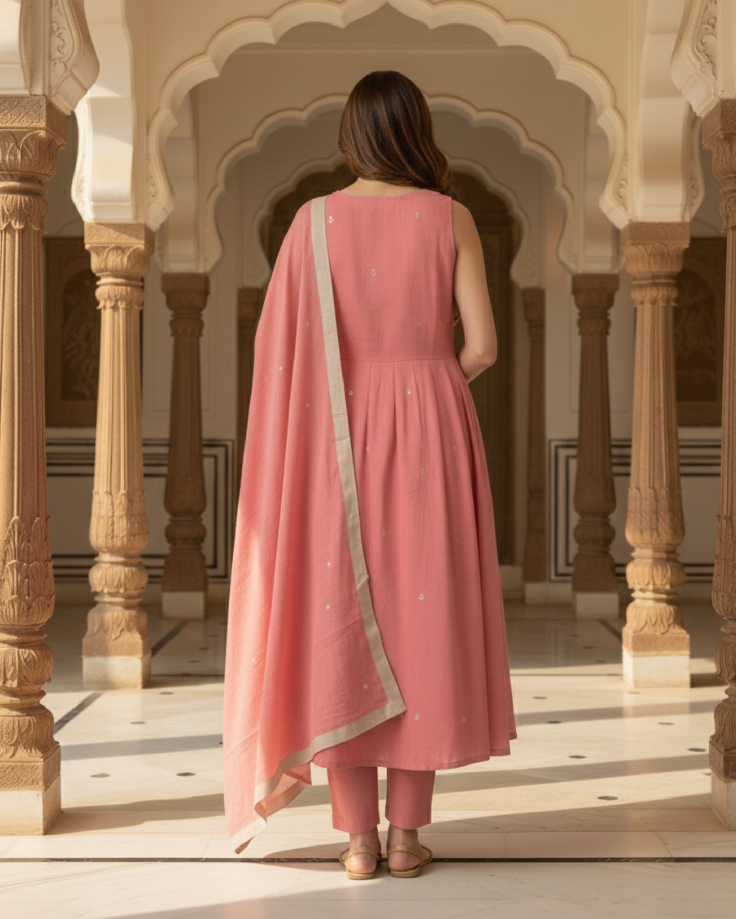 Dusty Pink Cotton Mix Embroidered  Kurta Set With Dupatta