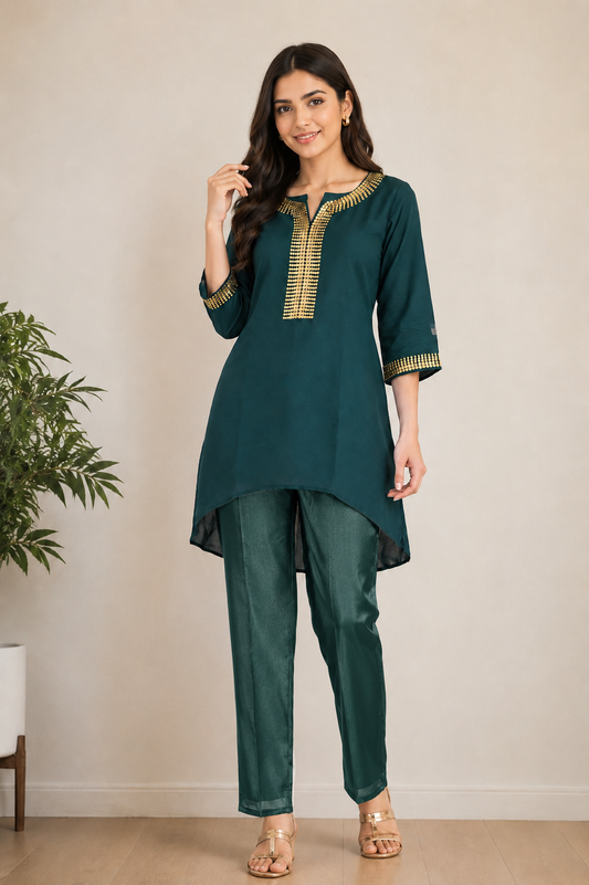 Dark Green Silk Blend Embroidered Kurta Pant Set