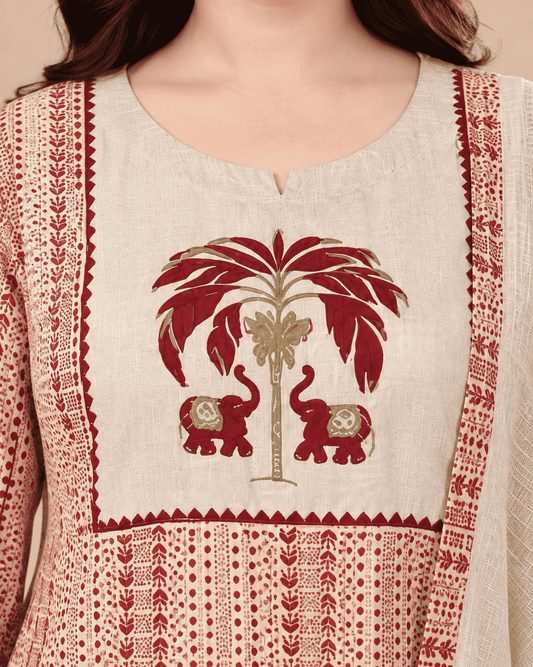 Off White in maroon tone printed cotton kurta and pant with dupatta