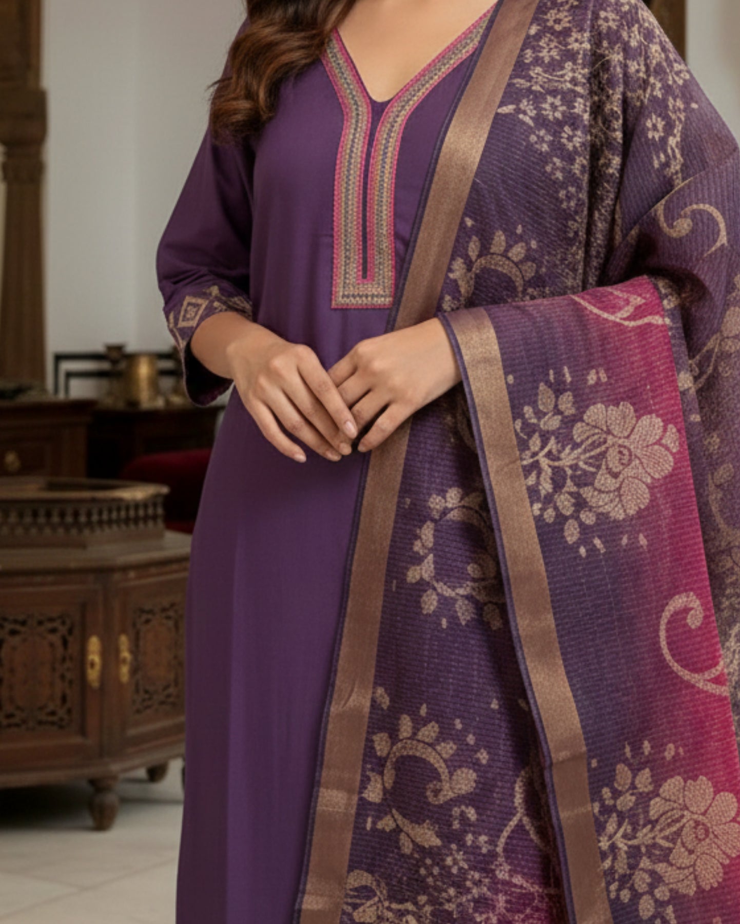 Purple Cotton Mix Kurta Set With Dupatta