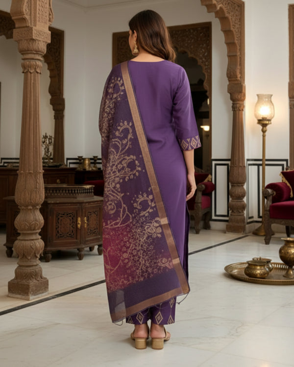 Purple Cotton Mix Kurta Set With Dupatta