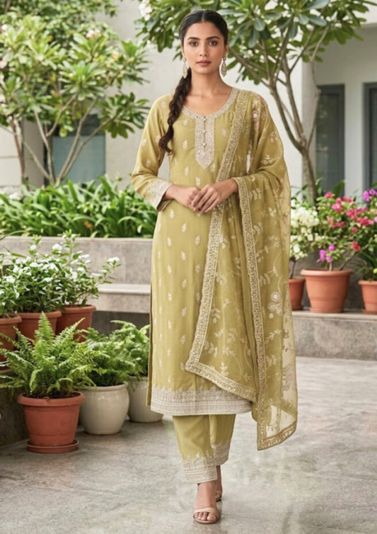 Semi-Stitched Olive Green Pure Organza Suit With Delicate Pastel Thread And Sequin Neckline Embroidery