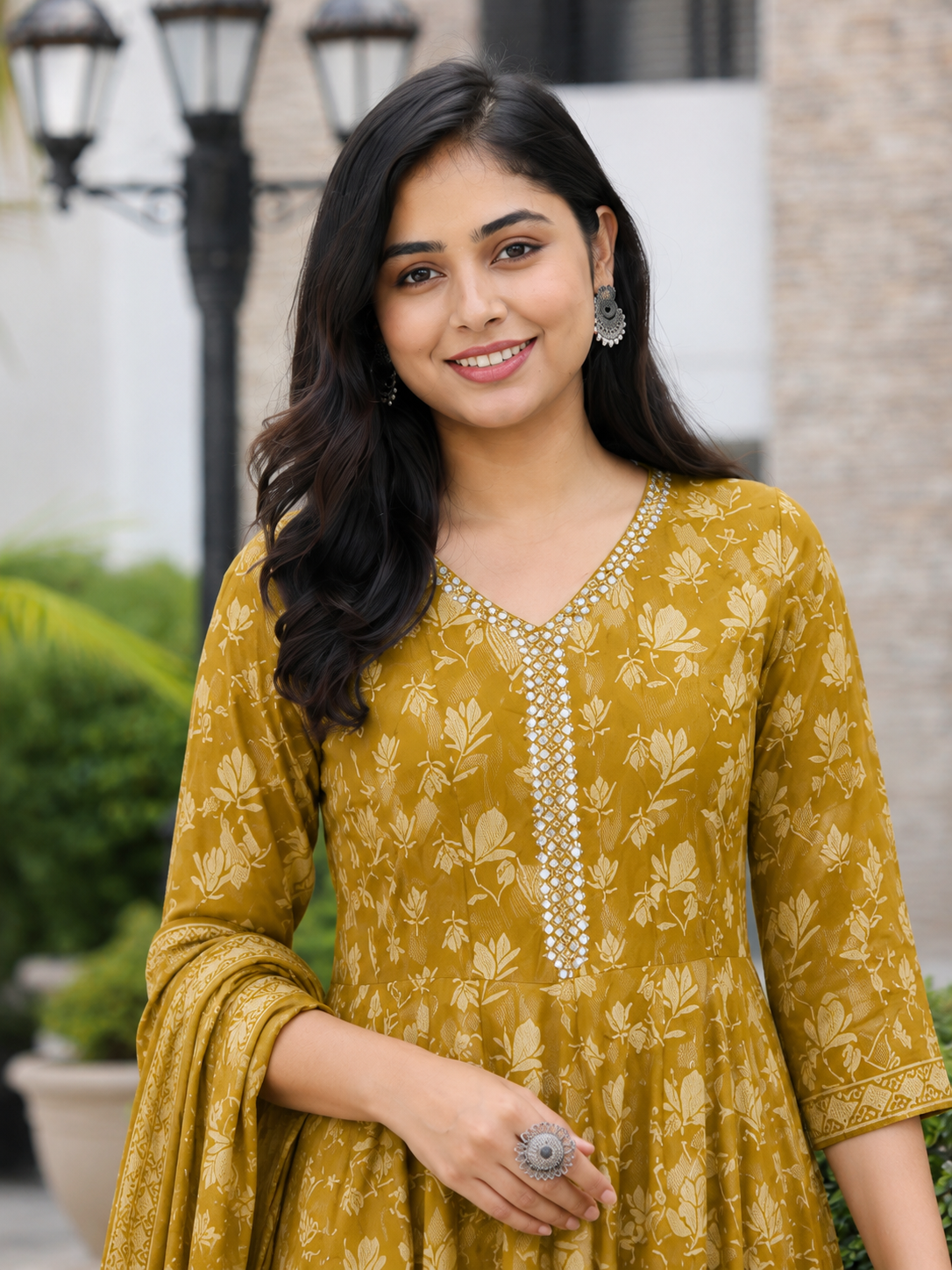 Mustard Yellow Cotton Blend Printed Anarkali Kurta and Pant with Dupatta