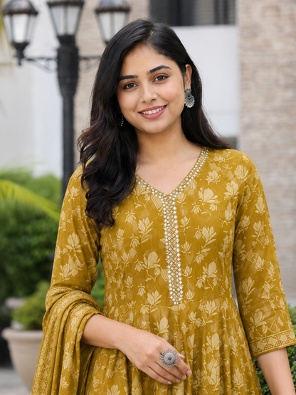 Mustard Yellow Cotton Blend Printed Anarkali Kurta and Pant with Dupatta
