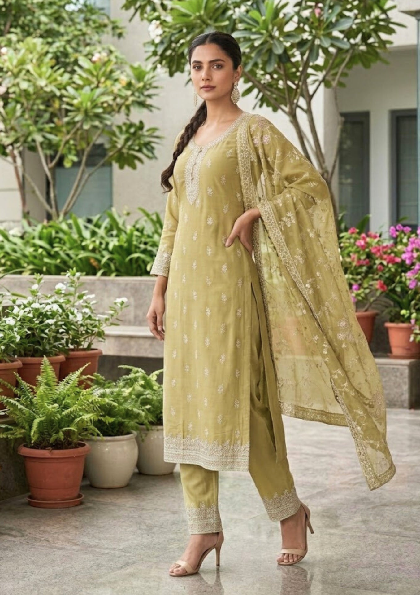 Semi-Stitched Olive Green Pure Organza Suit With Delicate Pastel Thread And Sequin Neckline Embroidery