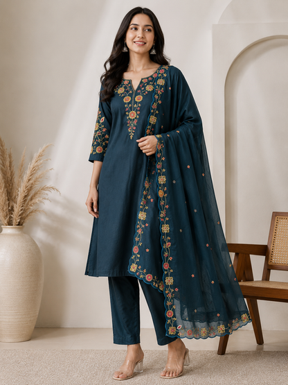 Teal Blue Silk Blend Embroidered Kurta and Pant with Dupatta