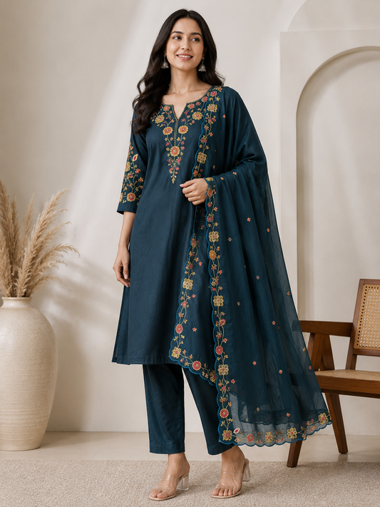 Teal Blue Silk Blend Embroidered Kurta and Pant with Dupatta