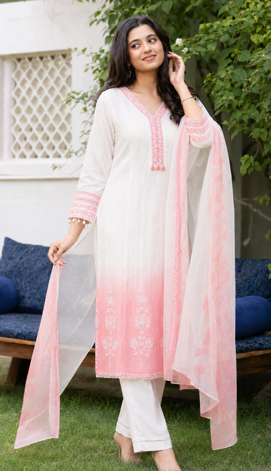 Ivory & Blush Pink Mul Chanderi Ombre Shaded Kurta and Pant with Dupatta