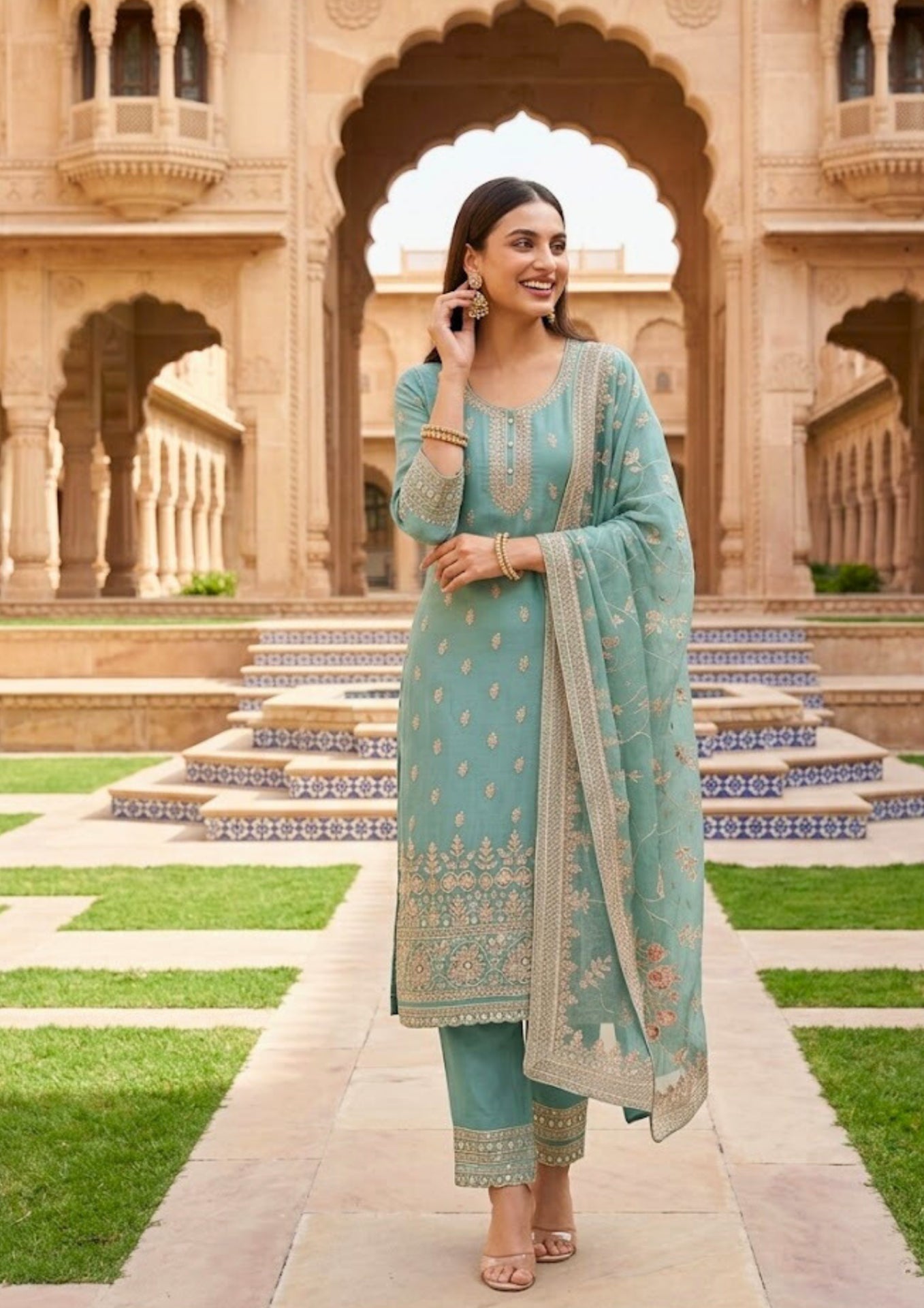 Semi-Stitched Light Aqua Pure Organza Suit With Delicate Zari–Resham Thread Embroidery
