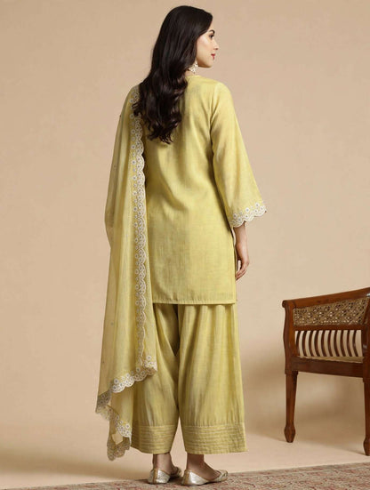 Cream Embroidered Mul Chanderi Kurta and Pant with Dupatta