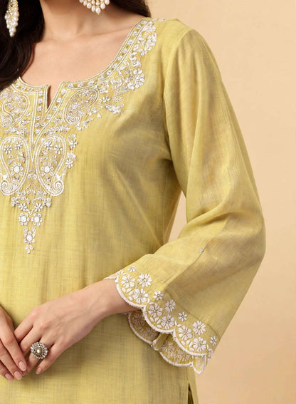 Cream Embroidered Mul Chanderi Kurta and Pant with Dupatta