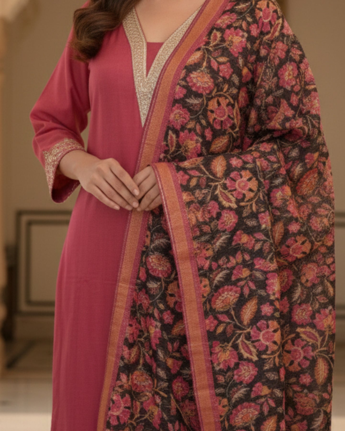 Dusty Coral Pink Cotton Mix Kurta Set  With Sequin Border And Dupatta