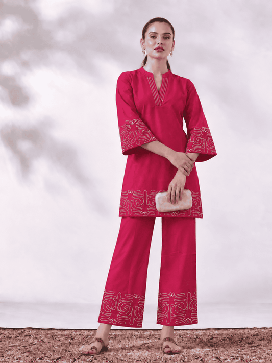 Rani Pink Cotton Blend Kurta and Pant Set