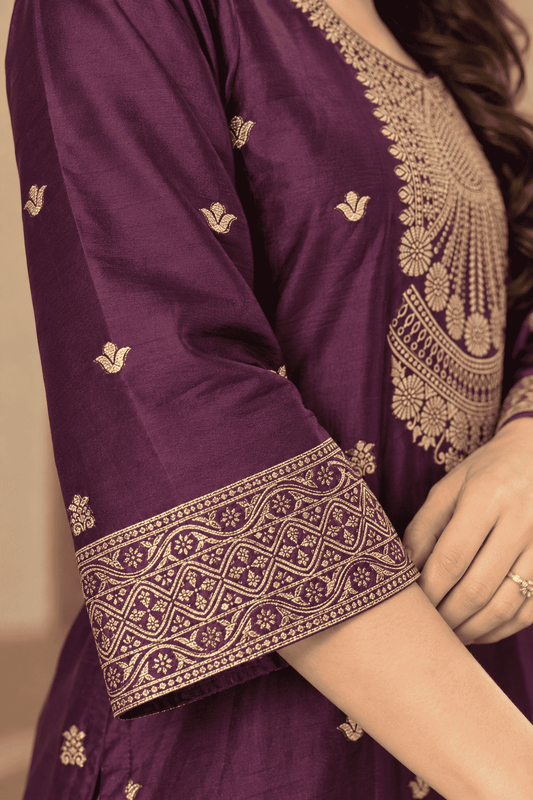 Wine Cotton Silk Blend Kurta Pant and Dupatta Set