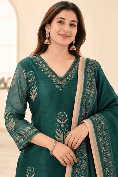 Peacock Green Printed Kota Doria Cotton Kurta Pant and Dupatta