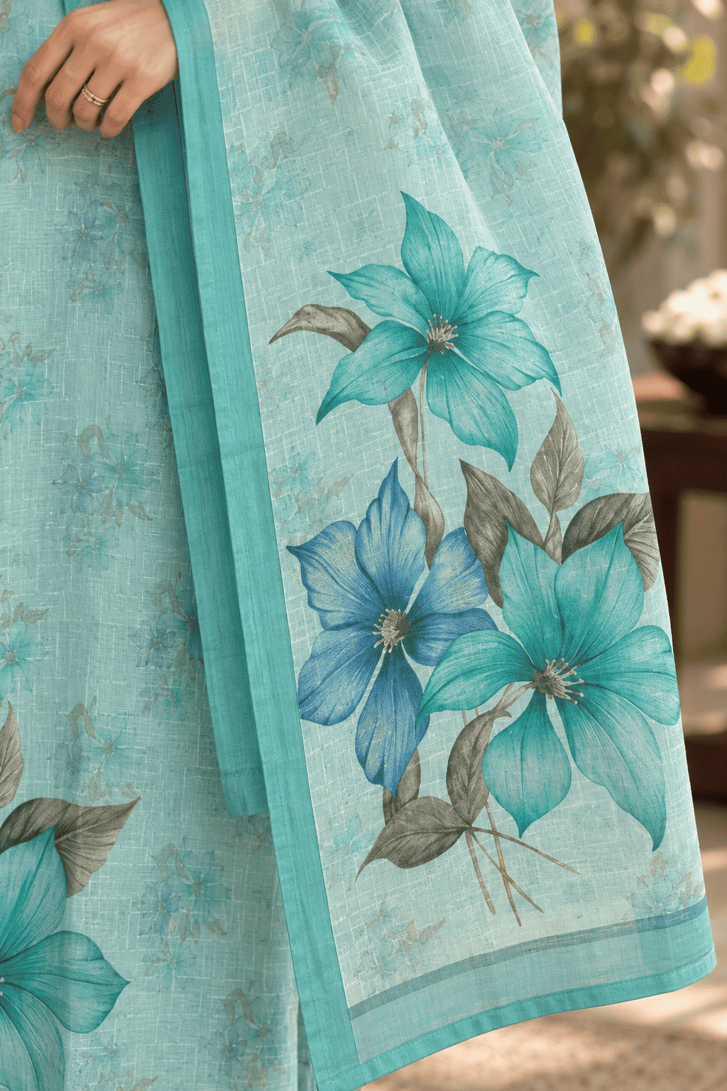 Sky Blue Floral Printed Linen Kurta Pant and Dupatta